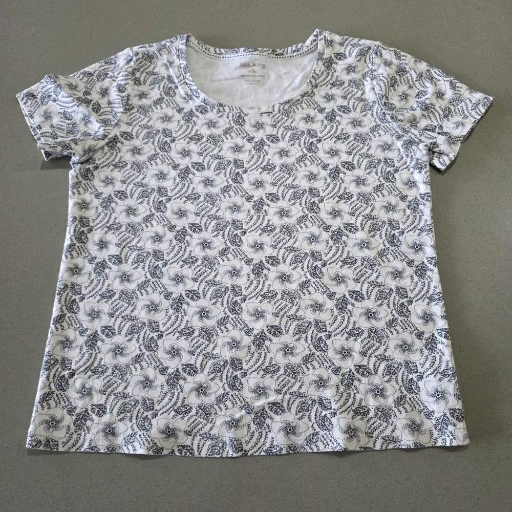 White Stag Womens Floral Print T-Shirt Navy Blue White‎ Cotton Scoop Neck Size M